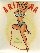 VINTAGE ARIZONA SUN WORSHIP GLAMOUR GIRL SOUVENIR STATE TRAVEL WATER DECAL 1950s