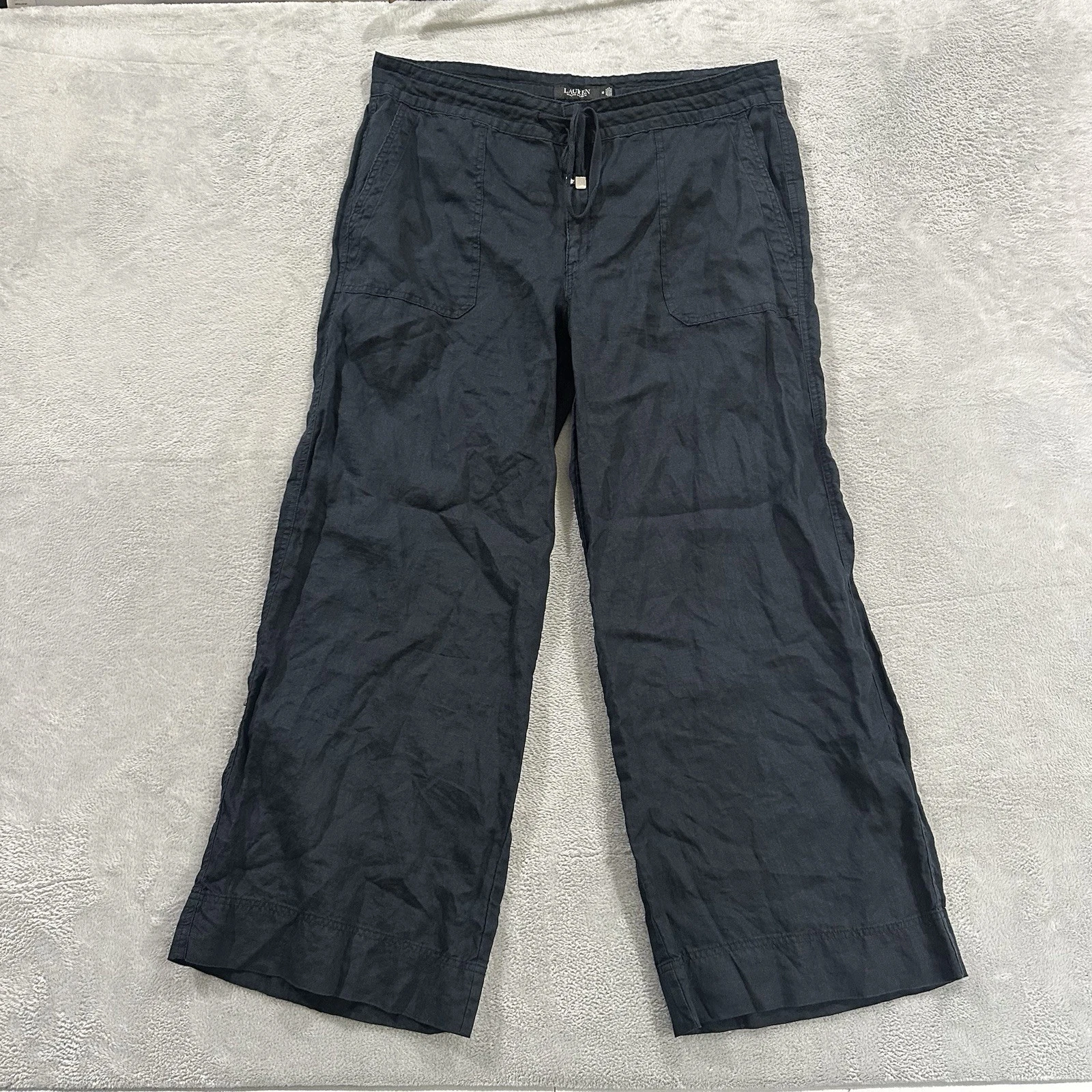 Lauren Ralph Lauren 100% Linen Pants Women 16 Wide Leg Nautical Lagen Blue Boho