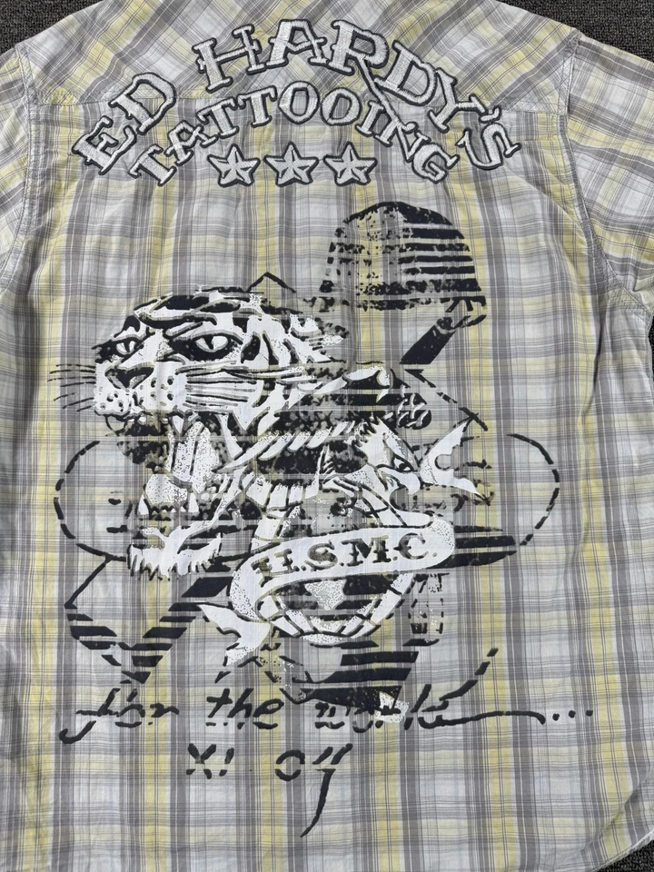 Camisa Ed Hardy Para Hombre Mediana Amarilla Gris Tatuaje Tigre Gráfico Manga Corta Foto 2 de 4