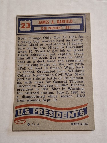 Tarjeta de presidente #23 1956 James A Garfield Topps presidentes de Estados Unidos - Imagen 2 de 2