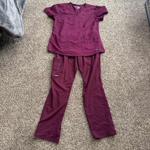 Large Grey's Anatomy Scrub Top and Pant Set - Straight Leg Scrub Cargo Maroon 10 - Picture 1 of 4