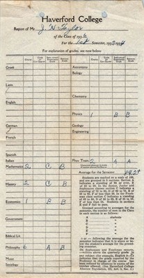 1933 Haverford College Academic Report Student Grade Record J W Taylor