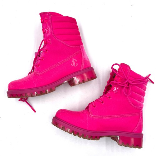 Botas utilitarias de terciopelo Jimmy Choo Timberland rosa con cordones al tobillo talla 6,5 - Imagen 11 de 13
