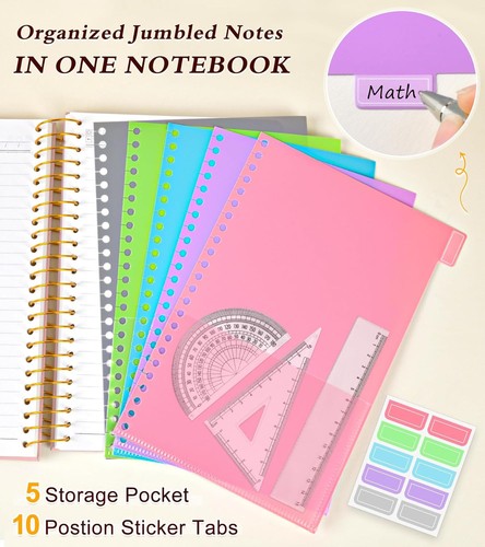 5 Subject Notebook College Ruled with Removable Pocket Dividers A4, Pink - Picture 2 of 8