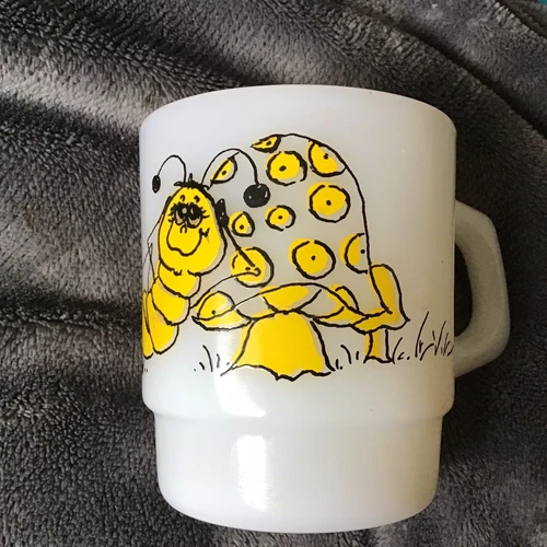 VTG  FIRE KING Milk Glass Mug by Hildi Yellow Caterpillar Mushroon  Mint