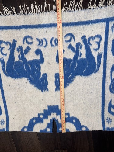 Vintage 70s Mexican Poncho Blanket Reversible Deer Horse Blue Fringe - Picture 19 of 19