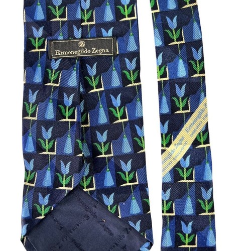 Ermenegildo Zegna Blue Flower Printed Silk Tie Made In Italy - Picture 7 of 7