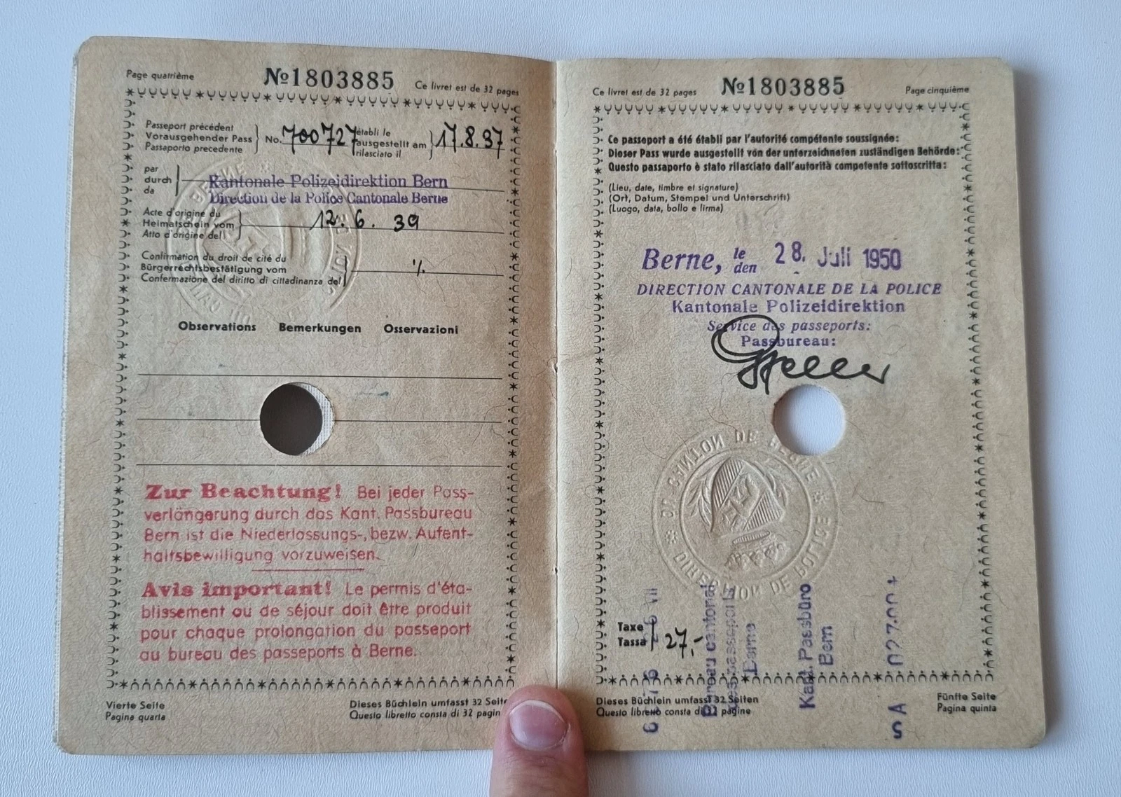 Alter Reisepass eines Herren - Passeport Suisse / Schweiz 1939 - ungültig - 画像4/11