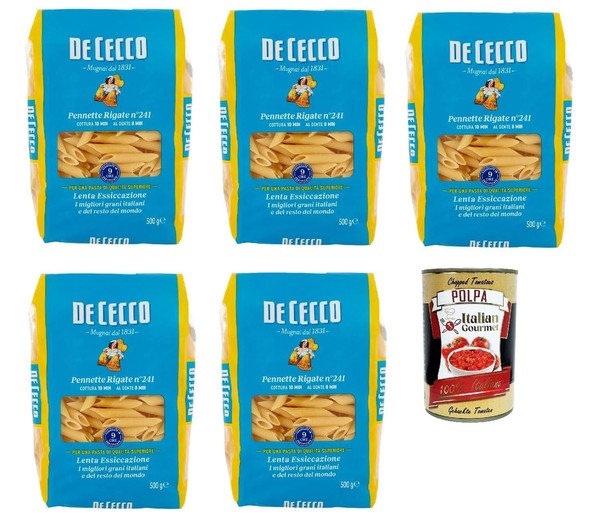 De Cecco Pennette Rigate N.241 100% Italienisch Pasta Nudeln 5X 500G+Polpa 400G-image