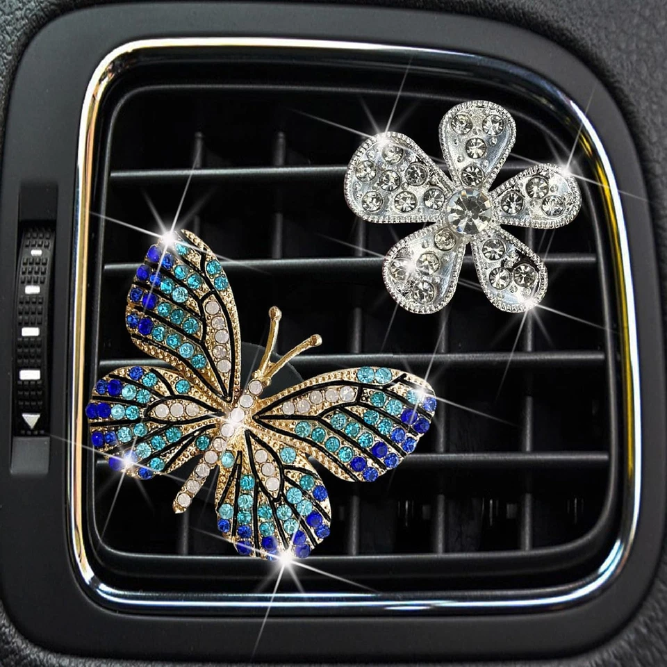 2Pcs Blue Bling Butterfly Silver Daisy Flower Car Air Vent Clips,Rhinestone Car - Image 4 of 4