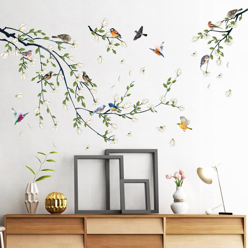 4 Sheets Magnolia Branches Wall Decals White Flowers Stickers DIY