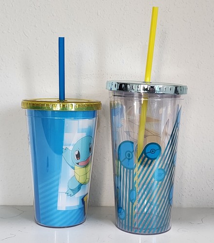 Pokemon Tumbler Cups with Straws Lot of 2 Plastic Acrylic Pikachu Squirtel Bulba - Picture 2 of 8