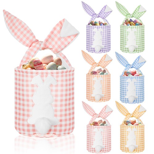 6 Pcs Easter Bunny Basket Bags Canvas Easter Eggs Tote Rabbit Print Bucket wi...