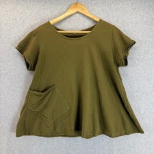 Olive Green Lagenlook Blouse Cotton Flowy Pocket Short Sleeve Top Shirt Womens