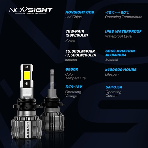 NOVSIGHT 72W 15000LM LED Headlight Bulbs Kit High Low Beam 6500k Super Bright - Picture 8 of 21