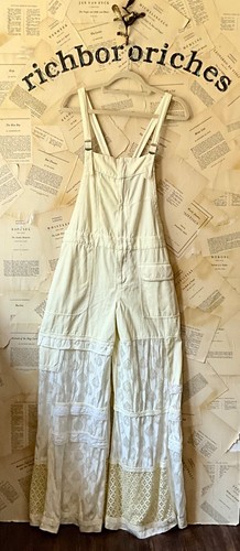 Free People Patchwork Overall Jumpsuit Crochet Lace Wide Leg Ivory S NEW