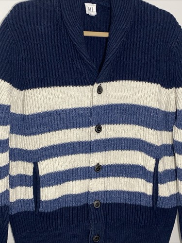 GAP Men's Cardigan Sweater Sz M Blue Stripes Preppy Collegiate Coastal Old Money - Picture 3 of 15