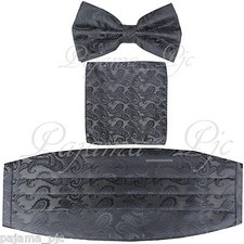 Brand New Paisley Charcoal Cummerbund And Bow tie  Pocket Square Hanky Set