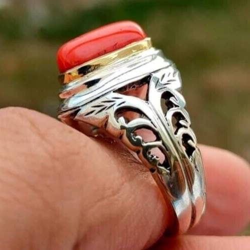 Natürliche rote Koralle Stein Ring Unisex Tiefsee Kapsel Koralle Marjan Ring Sterling - Bild 4 von 5