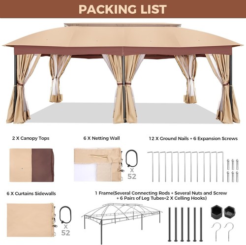 12x20 Outdoor Gazebo with Curtain & Nettings Heavy Duty Patio Tent Metal Frame# - Picture 32 of 95