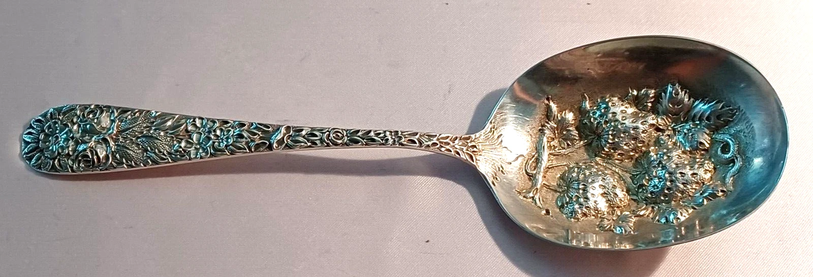 Hand Chased Rose by Schofield Sterling Strawberry Serving Spoon- 9 1/4"