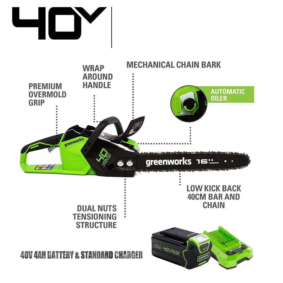 Greenworks GD40CS18K4 Akku Kettensäge 40V 40cm 1,8kW mit 4Ah Akku & Ladegerät - Bild 3 von 4