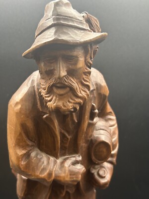 Vtg Black Forest Wood Carved German Austrian Man & Wine Keg Alpine