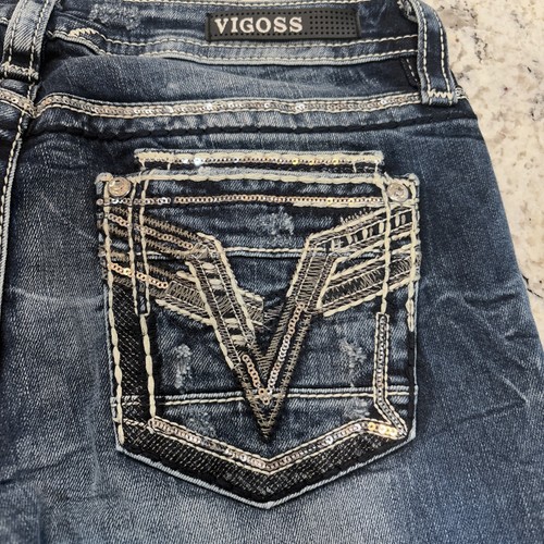 Pantalones de mezclilla ajustados elásticos clásicos VIGOSS Legacy bordados con tachuelas bolsillo talla 28 - Imagen 9 de 17