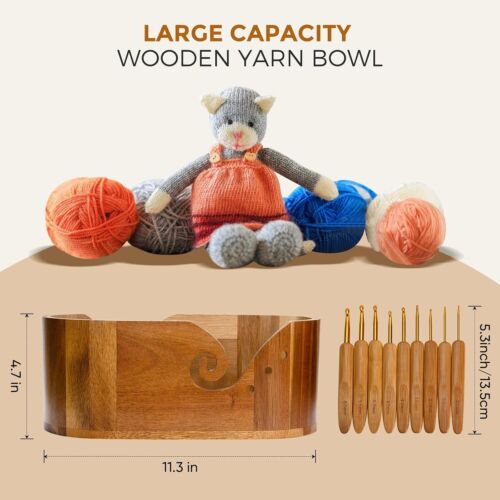 Wooden Yarn Bowl with 9Pcs Knitting Hooks, Crochet Yarn Holder Large Storage New - Picture 2 of 2