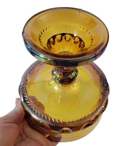 Vintage Indiana Glass Kings Crown Harvest Gold Carnival Glass Compote - Picture 3 of 8
