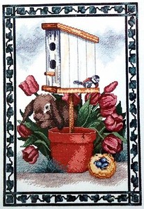 Garden-Hideaway-cross-stitch-kit-bunny-rabbit-tulips-bird-nest-house-Spring-NEW