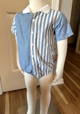 VTG Oshkosh Collared Chambray Bubble Romper Blue White Stripes 18M