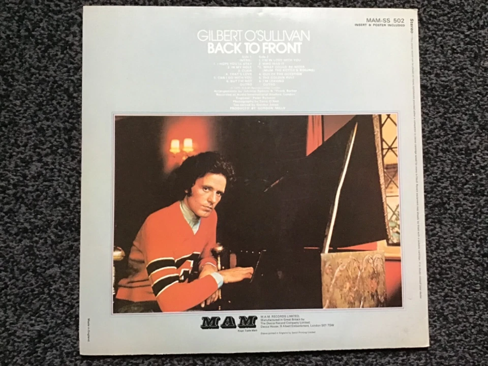 GILBERT O’SULLIVAN - BACK TO FRONT 1972 UK STEREO LP MAM SS 502 + TWO INSERTS EX - Image 2 of 4