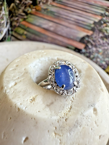 Ladies ESTATE 14k White Gold Oval Star Sapphire NATURAL Diamond COCKTAIL Ring - Picture 4 of 10