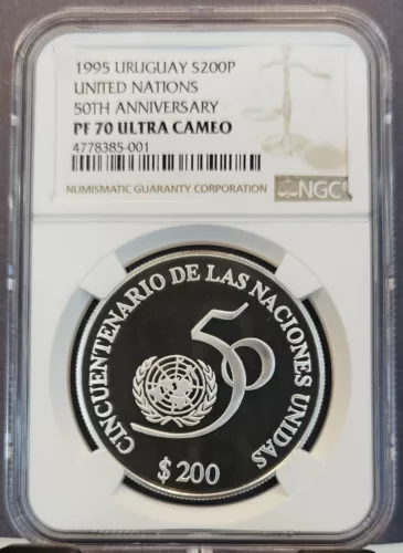 1995 URUGUAY SILVER 200 PESOS UNITED NATIONS NGC PF 70 ULTRA CAMEO PERFECT POP 1