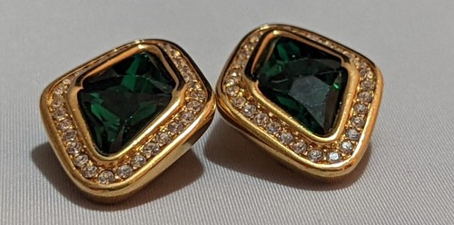 Vintage Swarovski SAL Emerald Green and Clear Rhinestones Clip On Earrings - Picture 8 of 8