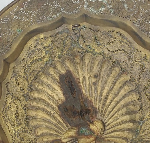 Vintage Pfau Messing Wandbehang groß 22" Patina verziert geprägt offen Boho - Bild 12 von 12