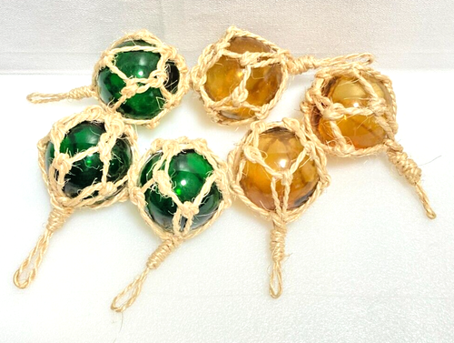 Reproduction 6 Hand Blown Green & Amber Glass 2" Japanese Floats With Net - Picture 3 of 3