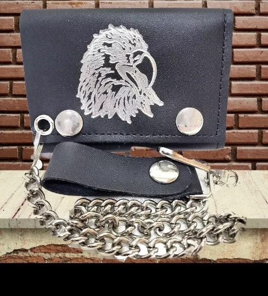 Leather trifold wallet with chain new arrivals