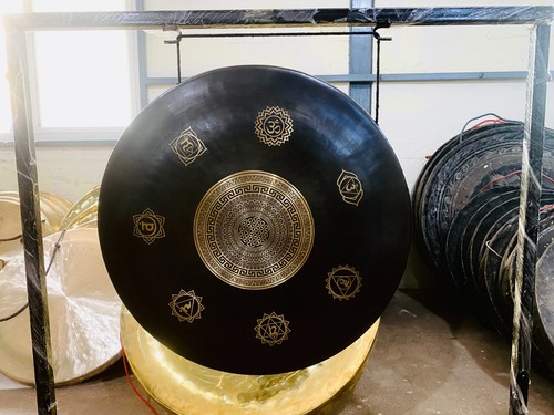 50 cm - 100 cm Black and Golden colored Flower of life Tibetan fancy gong
