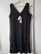 East Boutique Georgette Flapper Dress Size 12 Black Hand Beads Embellished Midi