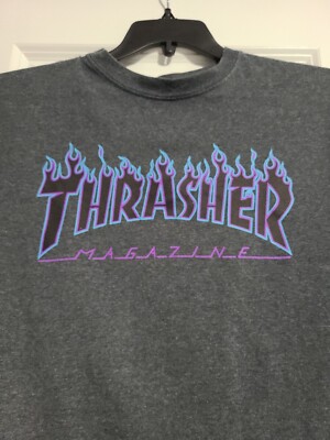 Thrasher Classic Flame Logo Skate Magazine Gray Blue & Purple T 