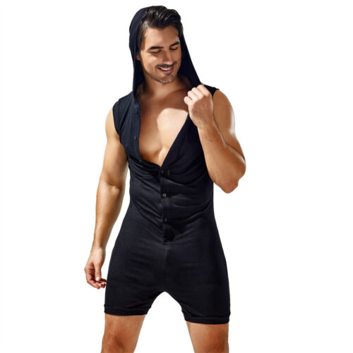 Fashion Men Button Hooded Rompers Fitness Bodysuit Sleeveless Pajamas Loungewear - Picture 12 of 34