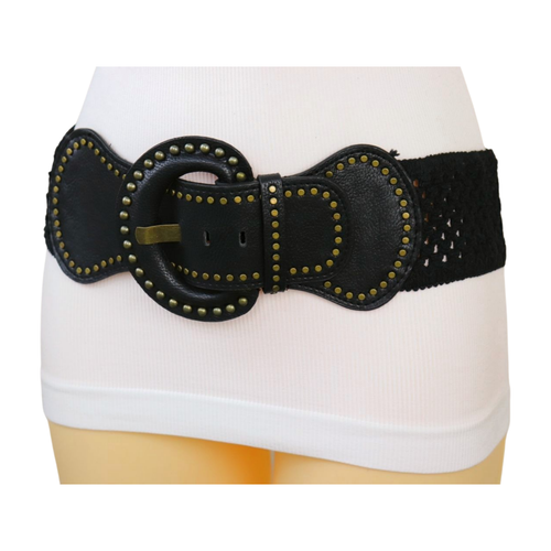 Women Black Fashion Stretch Hip Waist Belt Antique Gold Metal Studs Buckle S M - 第 11/23 張圖片