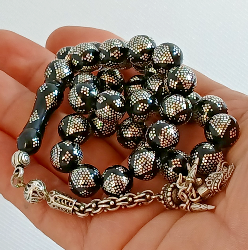 Piedra Trabzon de Lujo Natural Rara Coral Negro Yusur 33Worry Incrustación de Plata Islámica - Imagen 14 de 23
