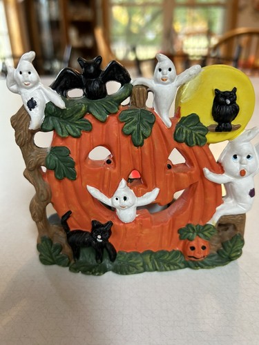 Candelabro votivo de cerámica Ghost Cat Jack O'Lantern calabaza Halloween otoño usado en excelente estado - Imagen 6 de 13