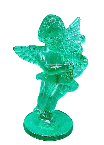 Key Lime Green Selenium Art Glass Angel Figurine With Harp Shines Pink / Orange - Picture 13 of 19