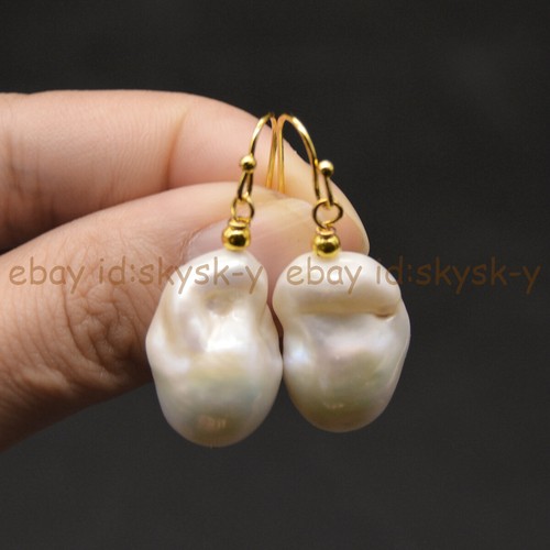 15-20mm Natural White Freshwater Baroque Keshi Reborn Pearl Dangle Hook Earring - Picture 6 of 7