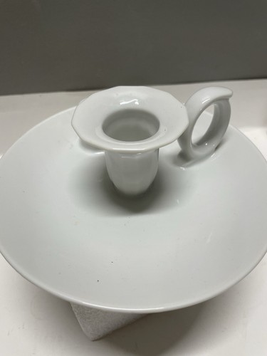 White Ceramic Chamber Candle Holder Plate with Finger Loop Unmarked, No Snuffer - Picture 3 of 5