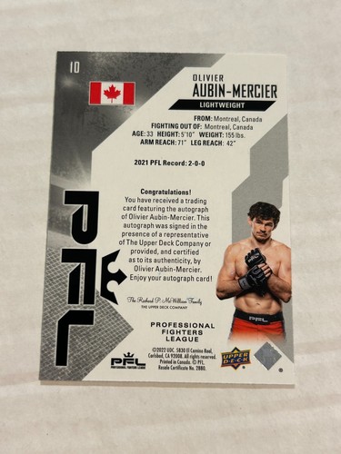 2022 UPPER DECK PFL OLIVIER AUBIN-MERCIER GOLD FOIL AUTO SP - Picture 2 of 2